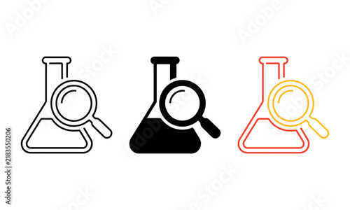 Принти на полотні Magnifying glass examining three different lab flasks icon illustration