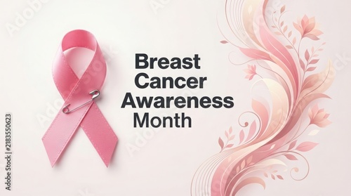 Breast cancer awareness pink ribbon with pin on white floral background awareness campaign wellness feminine