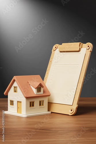 Premium Corporate 3D Real Estate Concept Featuring a White Plastic Miniature House and Blank Property Checklist on Wooden Desk for Home Inspection and Investment Planning