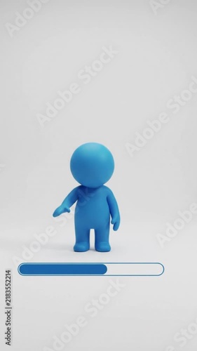 3D Blue Character Standing Near 100 Percent Finished Loading Progress Bar