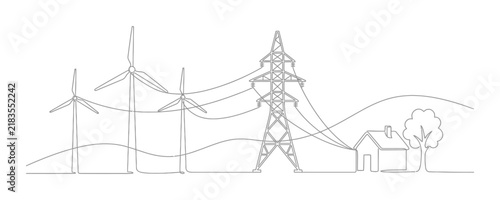 Continuous line of wind turbines and electricity pylon