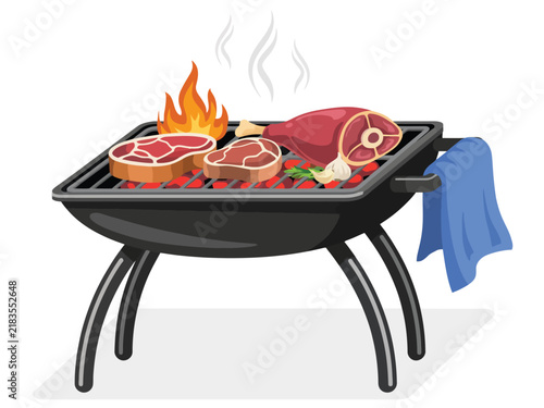 Fresh meat steaks and leg of lamb cooking on a hot charcoal barbecue grill