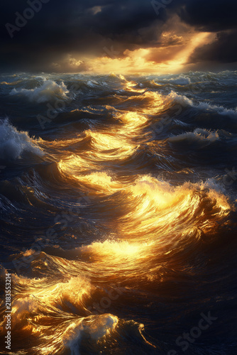 seascape with stormy waves and glowing golden light, curling foreground wave and winding reflections toward the horizon, portrait format, photorealistic