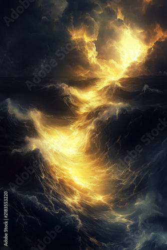 seascape with stormy waves and glowing golden light, winding luminous channel beneath a bright opening in dark clouds, portrait format, photorealistic