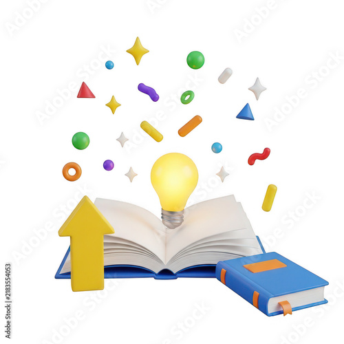 A lightbulb and school supplies coming out of a book isolated on transparent background