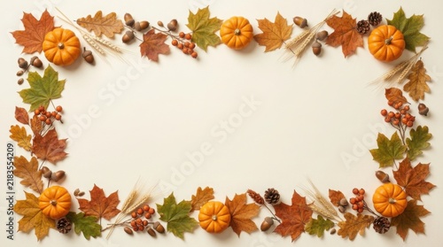 Autumn border frame made of colorful fall leaves and small pumpkins on a white background with copy space