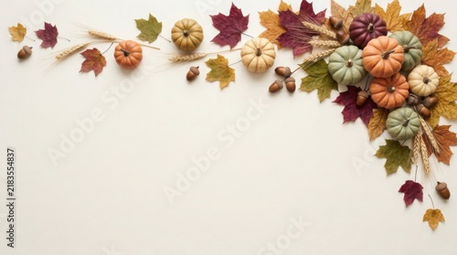 Autumn background with colorful fall leaves and small pumpkins arranged in a corner on white surface