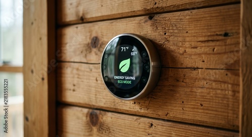 Close up of a smart thermostat on a raw wood wall displaying a green leaf icon, energy saving and smart home concept, cinematic lighting