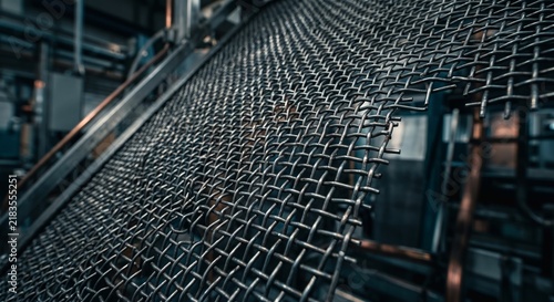 Macro detail of a dark metallic mesh screen, abstract industrial tech background, deep natural contrast