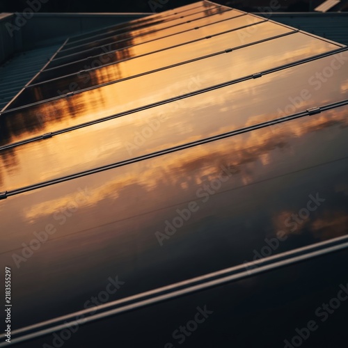 Opened ingClose-up of a modern sleek solar panel reflecting a warm golden sunset, clean renewable energy integration, sustainable ESG conceptredient