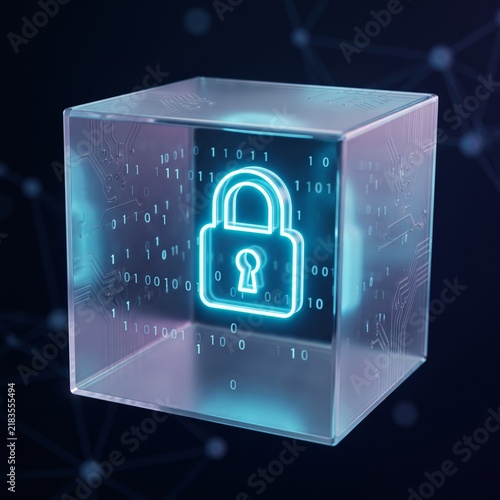 Abstract visualization of data privacy, a glowing neon lock icon inside a translucent digital glass cube, cyber security concept, dark aesthetic