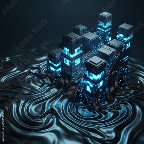 Isometric 3D rendering of a futuristic server node on dark liquid metal with glowing cyan lights, abstract cyber security concept
