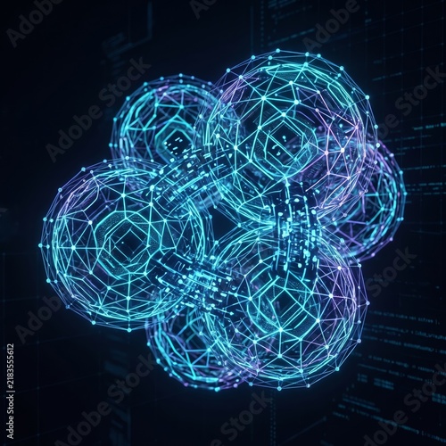 Abstract representation of blockchain technology, interlocking glowing digital spheres floating in dark space, cyber security concept