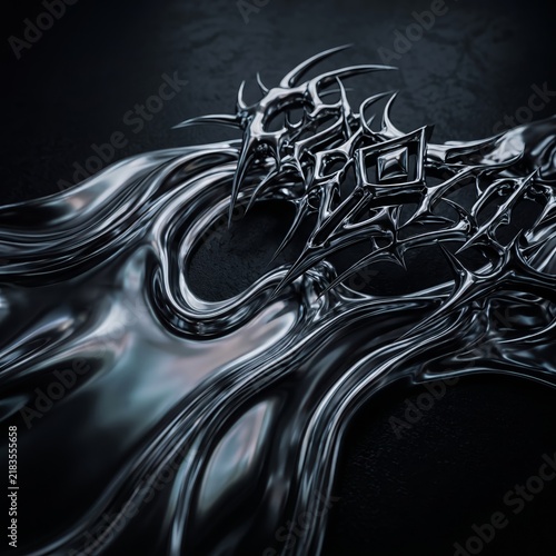 Abstract flowing liquid chrome with sharp cybersigilism tribal shapes emerging from the surface, dark atmospheric lighting