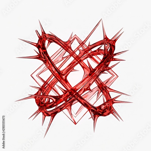 Cybersigilism abstract design, sharp intertwined digital thorns made of glowing red translucent glass, isolated on a pure white background