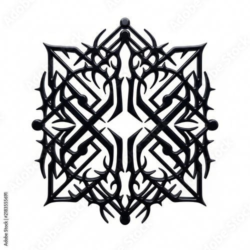 Sharp cybersigilism vector pattern, intertwined symmetrical digital tribal lines in black, Y2K gothic aesthetic, isolated on white background