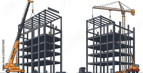 Construction site steel frame building, mobile crane lifting beam, tower crane assembly, workers safety helmets teamwork, modern architecture engineering project illustration