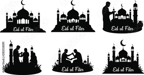 Eid ul Fitr mosque silhouettes, Islamic festival artwork, crescent moon domes, people greeting illustration, cultural religious celebration design concept illustration
