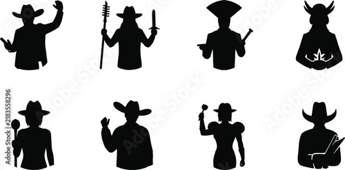 Cowboy fantasy silhouette collection, western hats, mythical characters artwork, creative fusion design, cultural illustration concept, adventure role play graphic