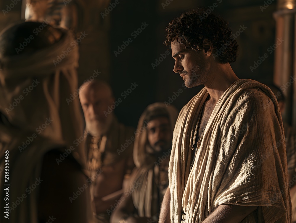 Fototapeta premium A young man with curly hair and a beard wearing ancient robes in a dimly lit gathering of elders
