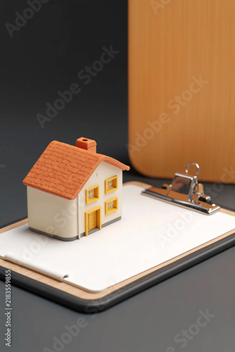 Premium Corporate 3D Real Estate Concept Featuring a White Plastic Miniature House and Blank Property Checklist on Wooden Desk for Home Inspection and Investment Planning