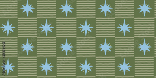 Vector Seamless Christmas pattern with hand-drawn holiday elements, geometric shapes, stars and festive ornaments in a retro color palette