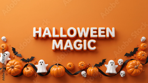 Halloween Magic text with pumpkins, ghosts, and bats on an orange background