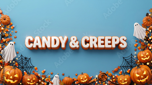 Halloween Candy and Creeps text banner with pumpkins and ghosts on blue background