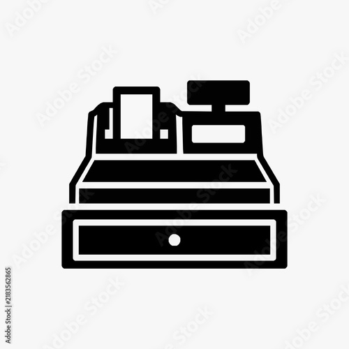 Clean Black and White Minimalist Icon of a Classic Cash Register Machine with Drawer Opened with high quality professional line art symbols for modern creative design and digital branding projects