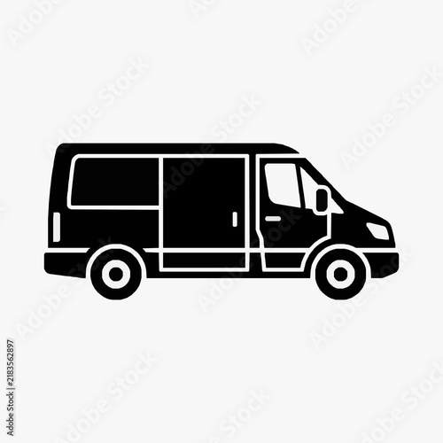 Clean Black and White Minimalist Line Drawing of a Small Delivery Van or Passenger Van with high quality professional line art symbols for modern creative design and digital branding projects