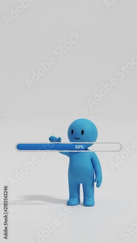 3D Character Holding Progress Bar Reaching 100 Percent Completion Concept