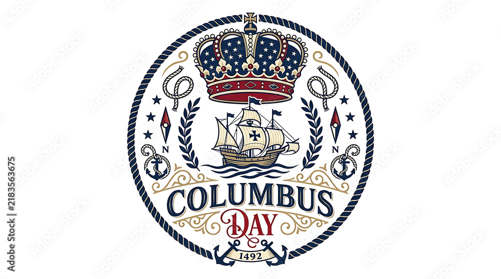 Fototapeta premium Columbus Day vintage royal emblem with sailing caravel ship and crown