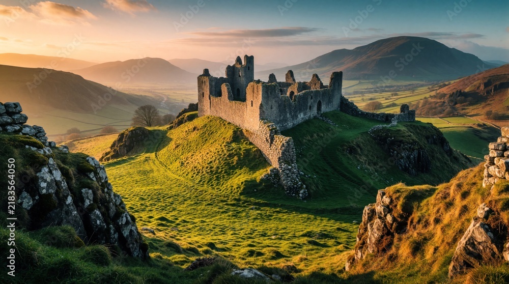 Obraz premium Stone castle ruins on grassy hill at sunset. Ancient medieval fortress on ridge overlooking valley. Historic architecture bathed in warm golden light.