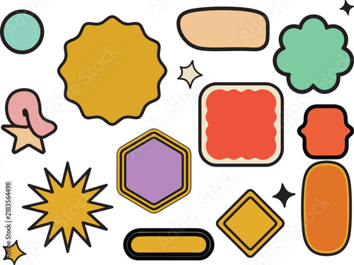 A collection of multi-colored retro geometric shapes and icons with thick black outlines are arranged against a plain