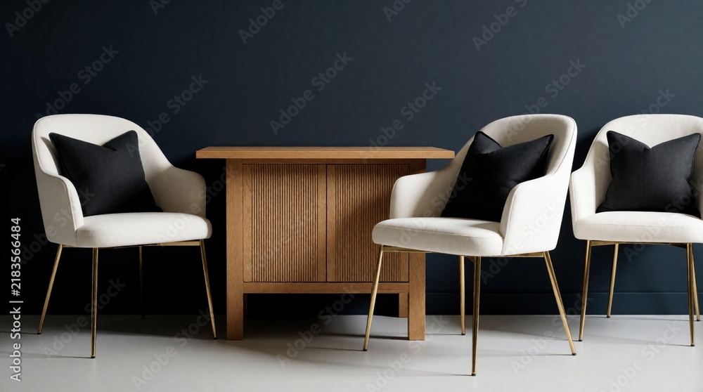 Fototapeta premium Three armchairs with black cushions flank a ribbed wooden console table against a dark blue wall. Minimalist room setup features modern furniture with gold legs, creating a chic, comfortable space.