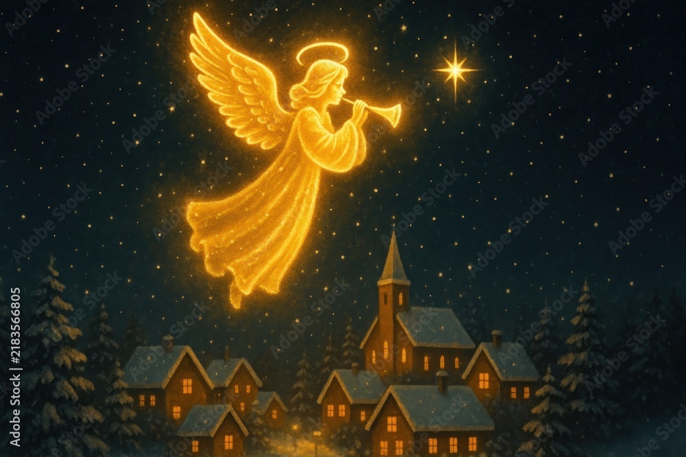 Fototapeta premium Celestial angel over snowy village.