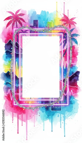 Vibrant Neon Cyberpunk Christmas Frame with Palm Trees, Watercolor Splash, Silver Tinsel, and Tropical City Skyline