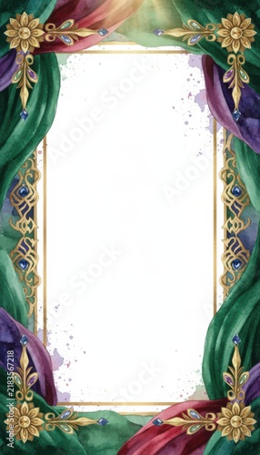 Regal Emerald Green and Purple Velvet Curtain Watercolor Frame with Gold Filigree Ornaments