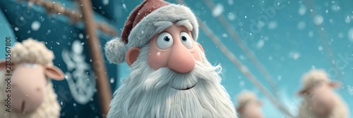 A Close Up of Festive Santa Claus Illustration Standing on a Rainy Pier Accompanied by Some Sheep.