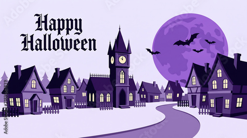 Happy Halloween spooky village illustration with a full moon and gothic clock tower
