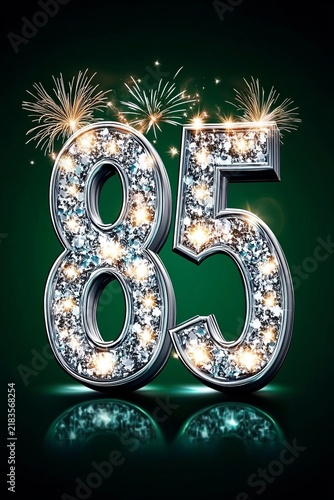 Shiny Metallic Silver Number 85 on Rich Luxury Deep Emerald Green Background With Festive Fireworks