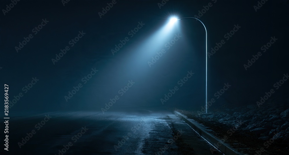 Obraz premium Single street light illuminates foggy, wet road at night