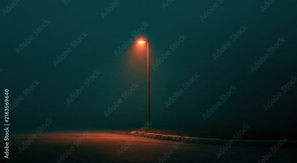 Obraz premium Single streetlamp illuminates a foggy, dark, empty roadside at night