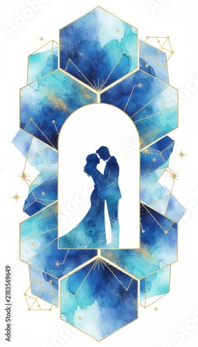 Geometric Watercolor Blue Celestial Stained Glass Arch Frame with Couple Silhouette