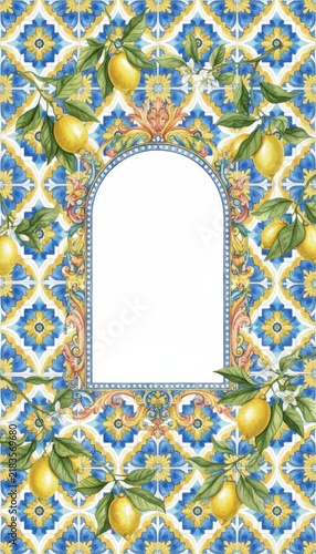 Mediterranean Watercolor Amalfi Lemon and Blue Tile Arch Frame Background