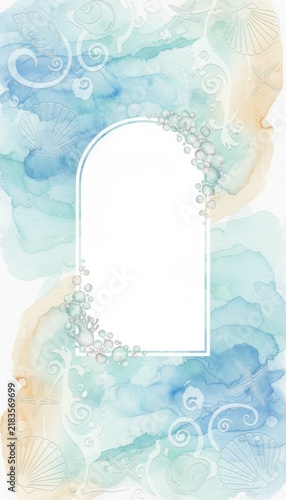 Coastal Watercolor Under the Sea Coral and Seashell Arch Frame Background