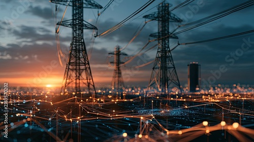 Glowing network overlay on urban power grid at sunset
