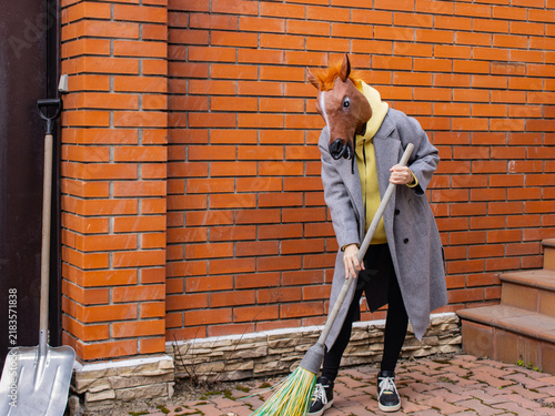 Fotografía A Humorous Scene Featuring a Person in a Horse Mask Sweeping with a Broom in Fro