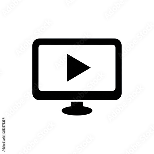 Black computer monitor icon with play button symbol on screen isolated on transparent background.