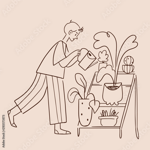 Whimsical man watering houseplants on a plant stand, hand drawn Scandinavian minimalist line sketch illustration